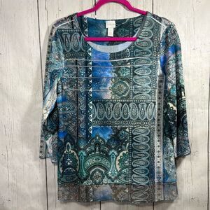 Chicos Womens Paisley Tiered Stretch 3/4 Sleeve Blue Sparkling Detail Top Tee